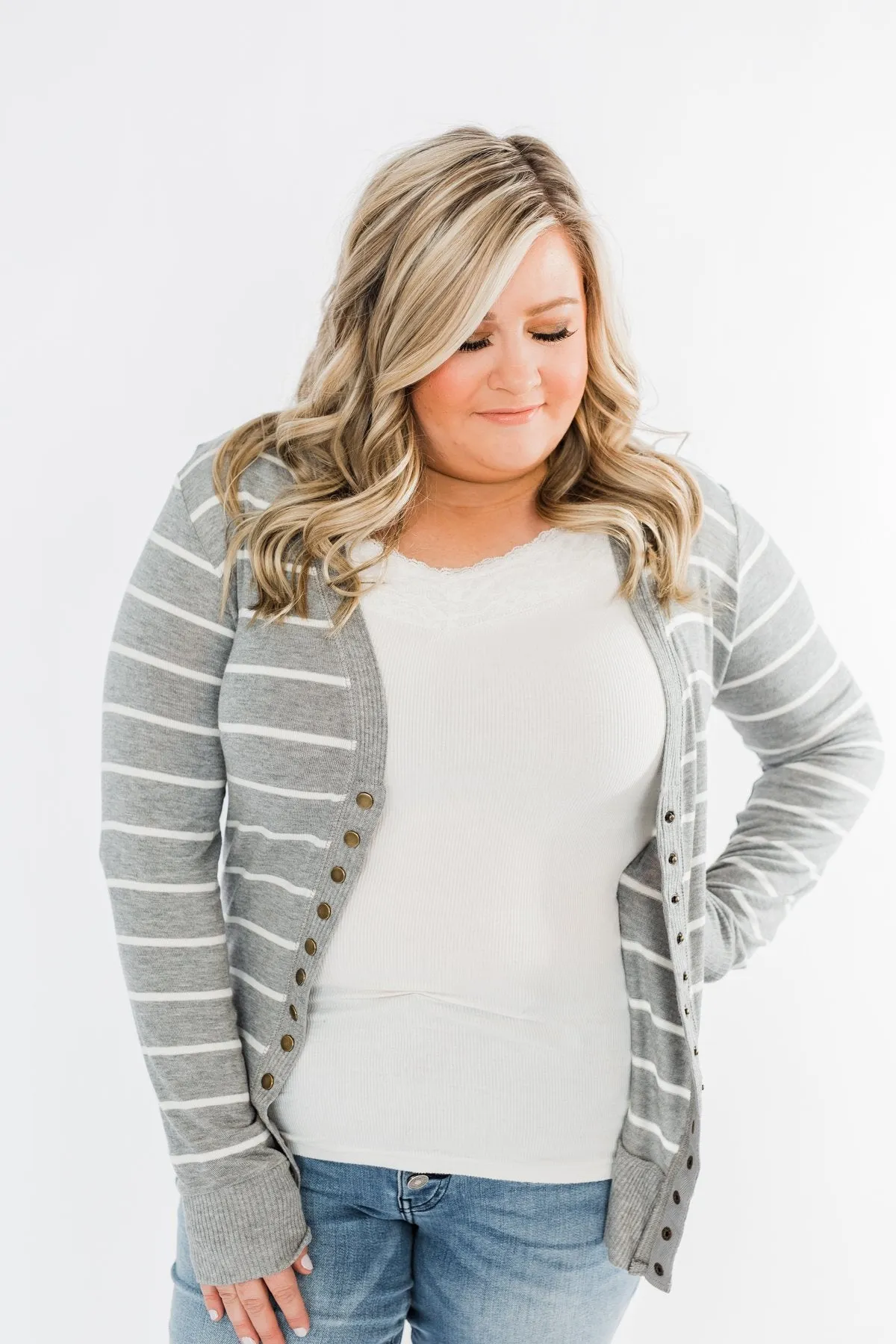 Everyday Striped Button Cardigan- Grey & Ivory