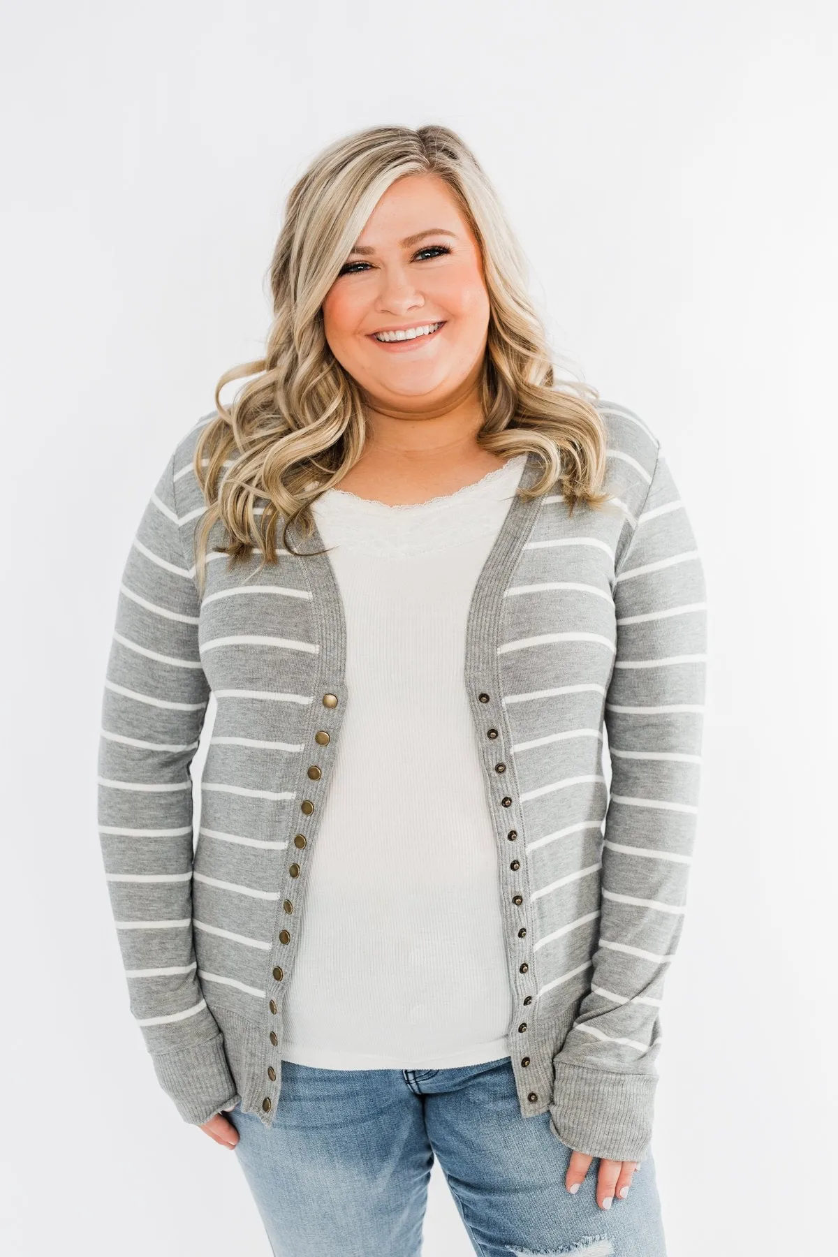 Everyday Striped Button Cardigan- Grey & Ivory