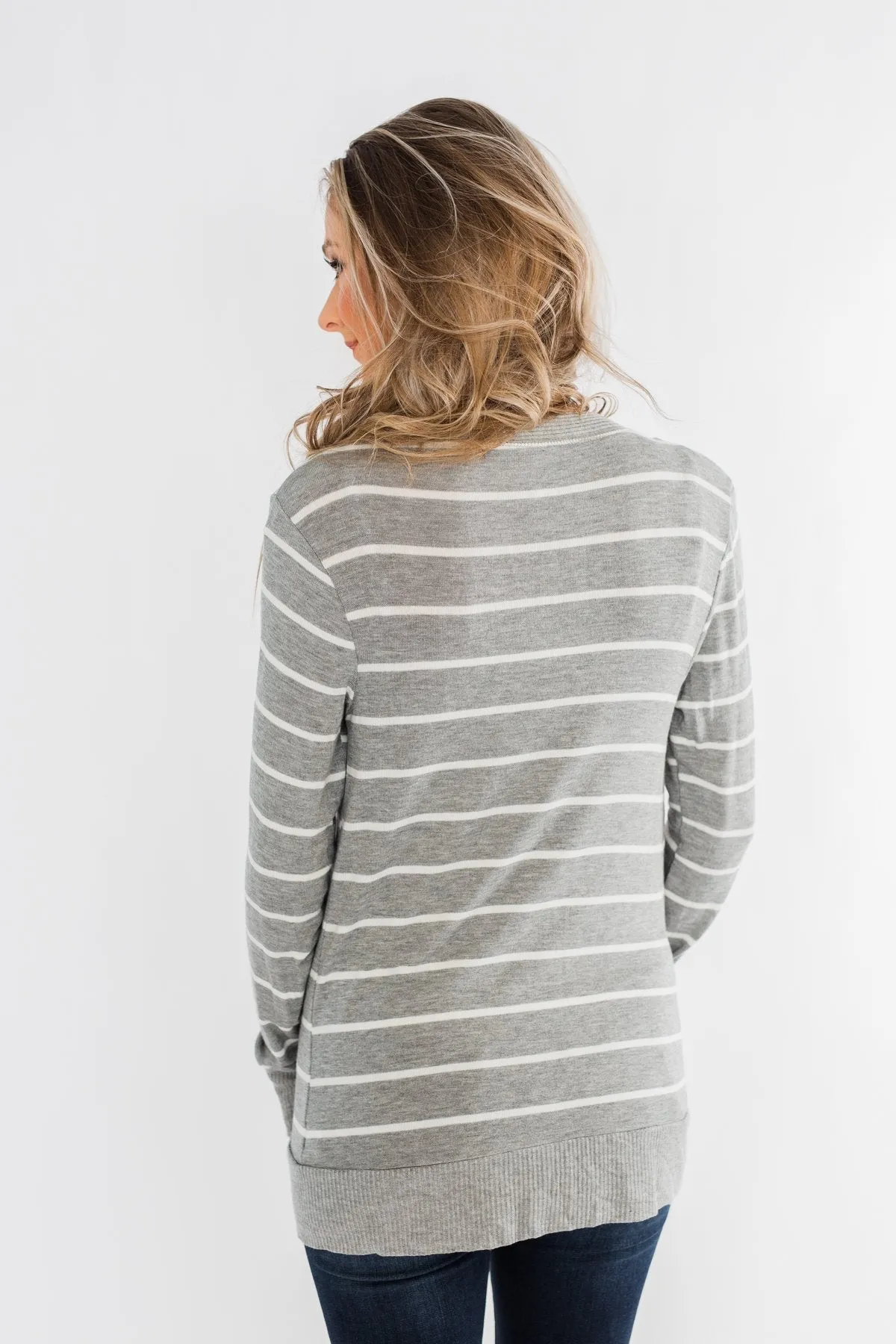 Everyday Striped Button Cardigan- Grey & Ivory