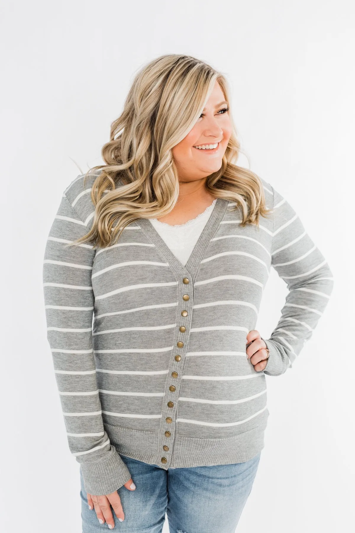 Everyday Striped Button Cardigan- Grey & Ivory