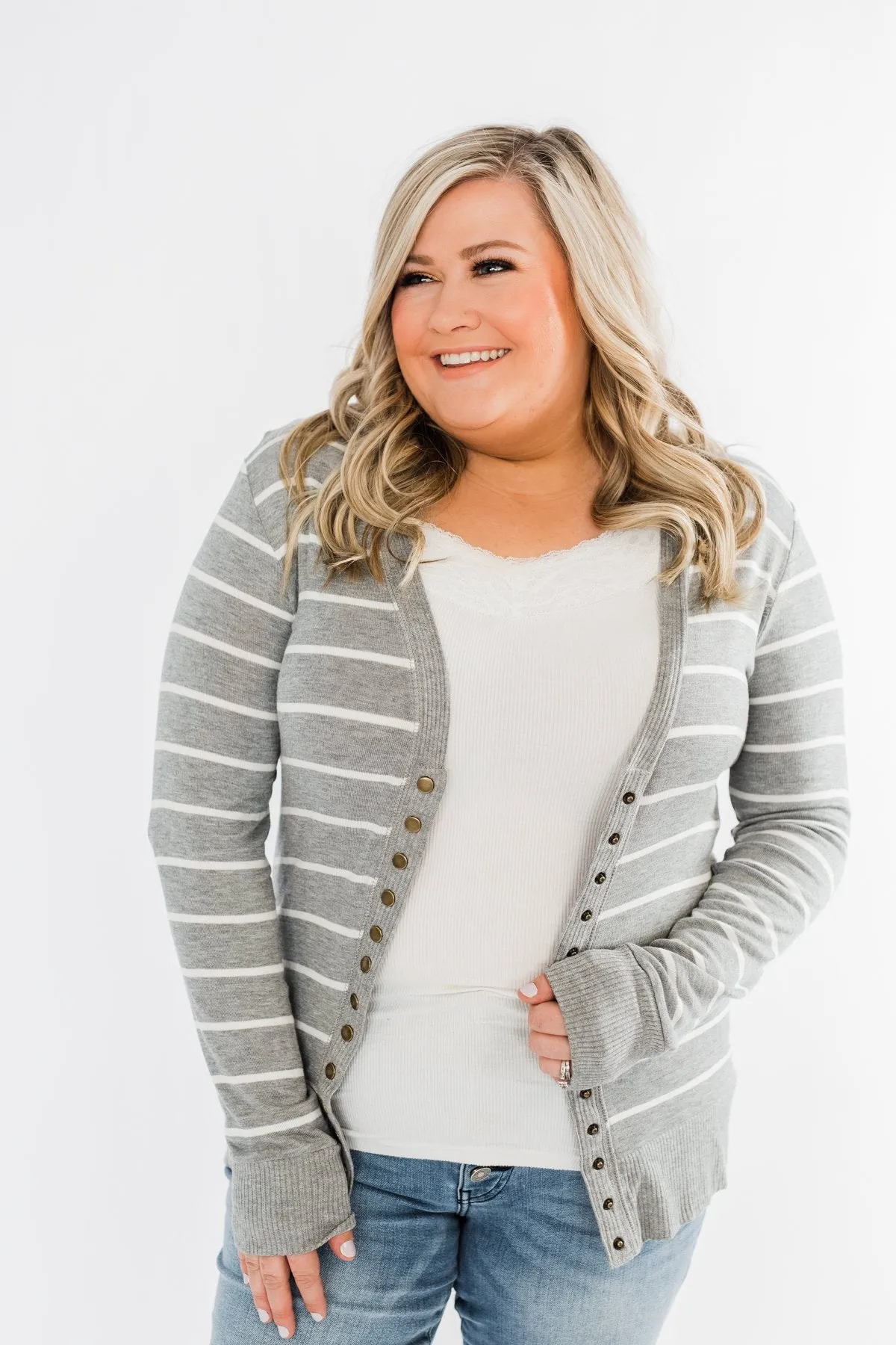 Everyday Striped Button Cardigan- Grey & Ivory