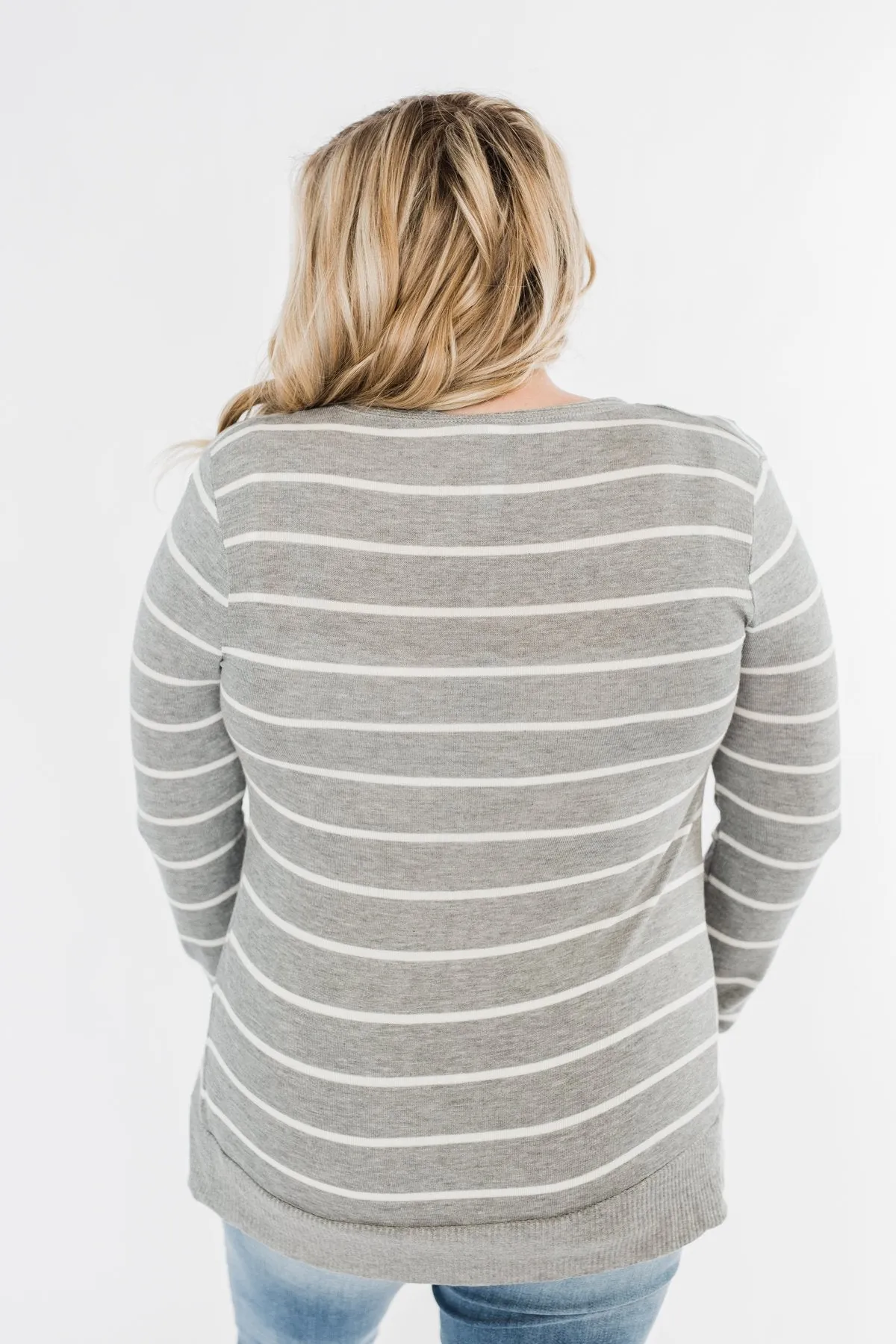 Everyday Striped Button Cardigan- Grey & Ivory