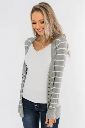 Everyday Striped Button Cardigan- Grey & Ivory