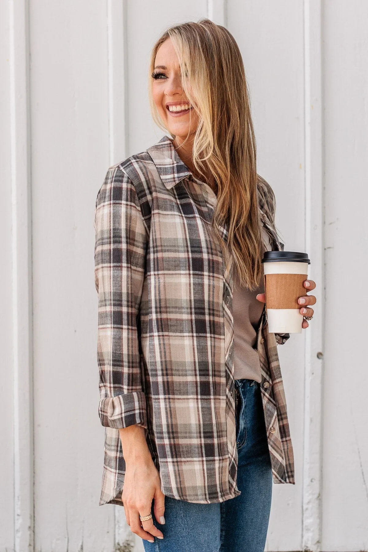 Exceeding Expectations Plaid Button Top- Taupe & Sage