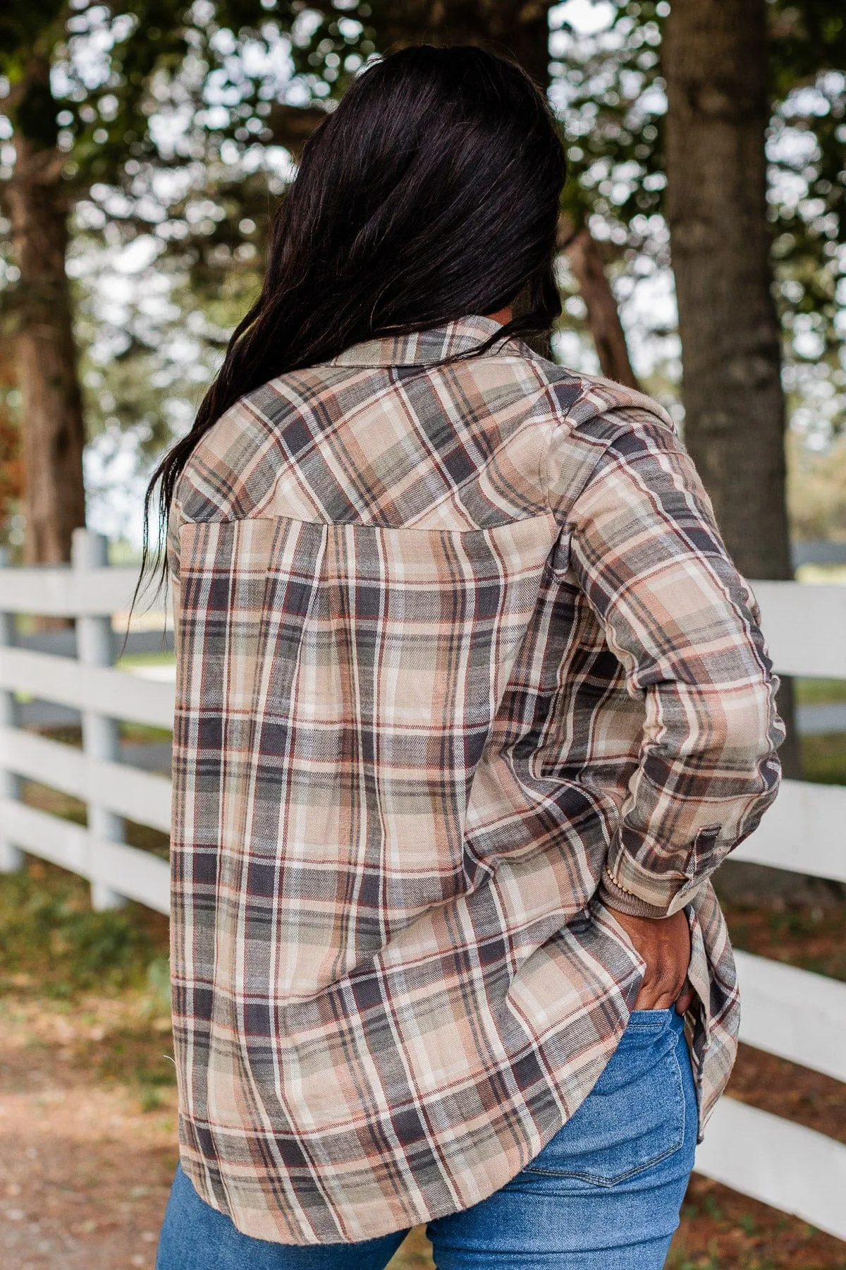 Exceeding Expectations Plaid Button Top- Taupe & Sage