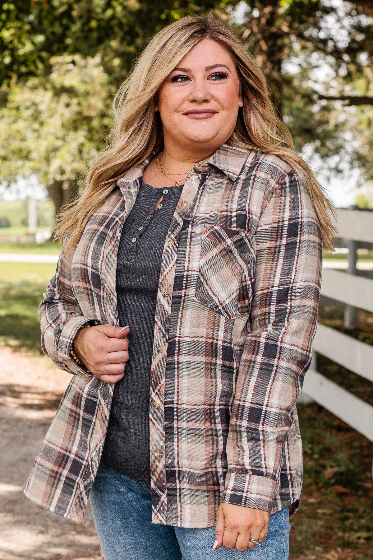 Exceeding Expectations Plaid Button Top- Taupe & Sage