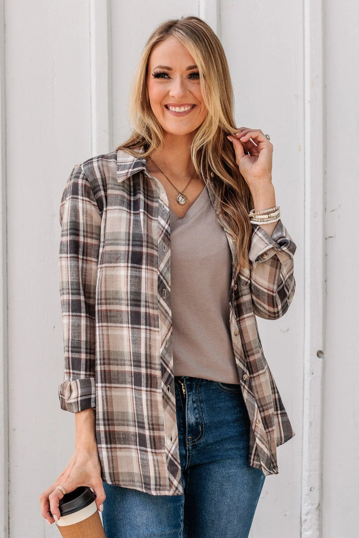 Exceeding Expectations Plaid Button Top- Taupe & Sage