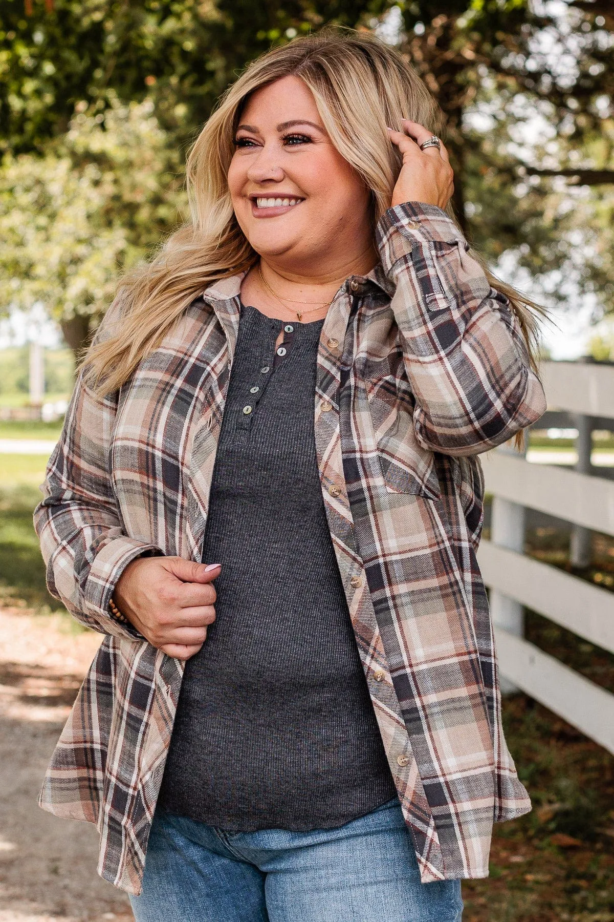 Exceeding Expectations Plaid Button Top- Taupe & Sage