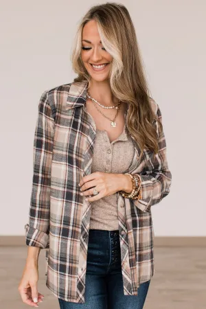 Exceeding Expectations Plaid Button Top- Taupe & Sage