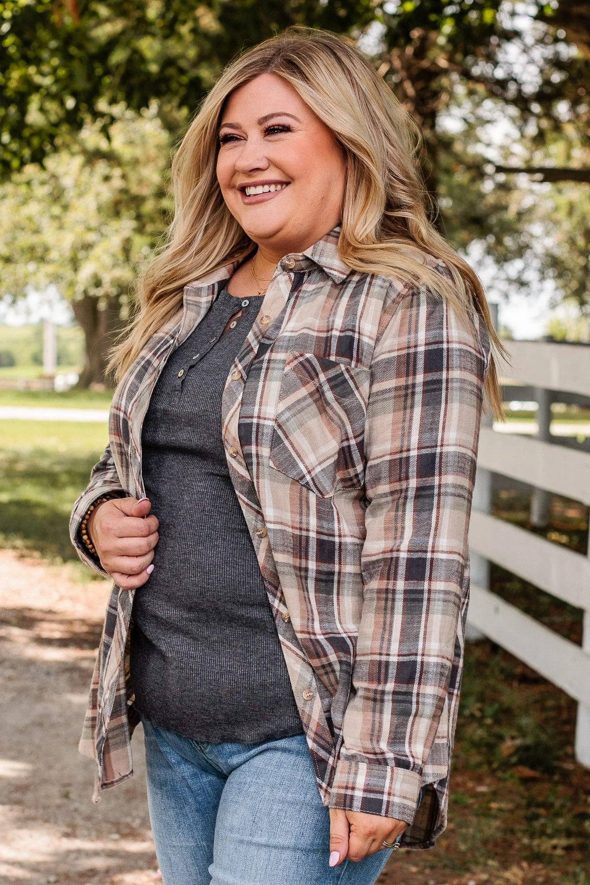 Exceeding Expectations Plaid Button Top- Taupe & Sage