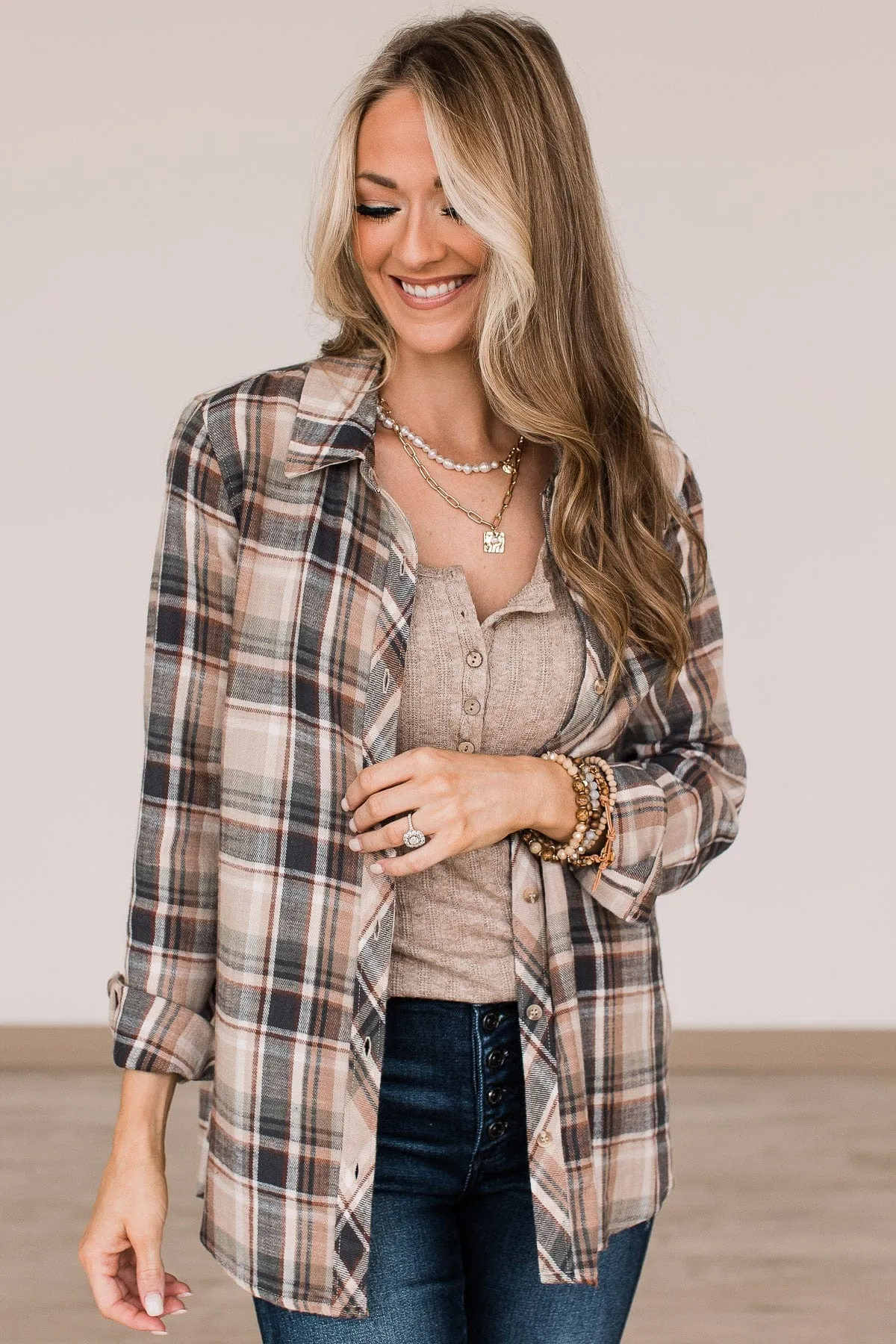 Exceeding Expectations Plaid Button Top- Taupe & Sage