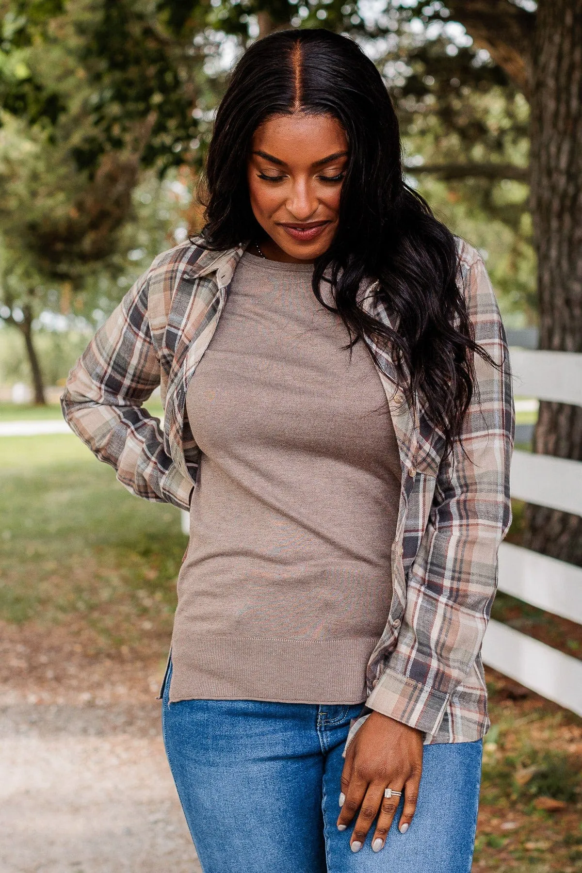 Exceeding Expectations Plaid Button Top- Taupe & Sage
