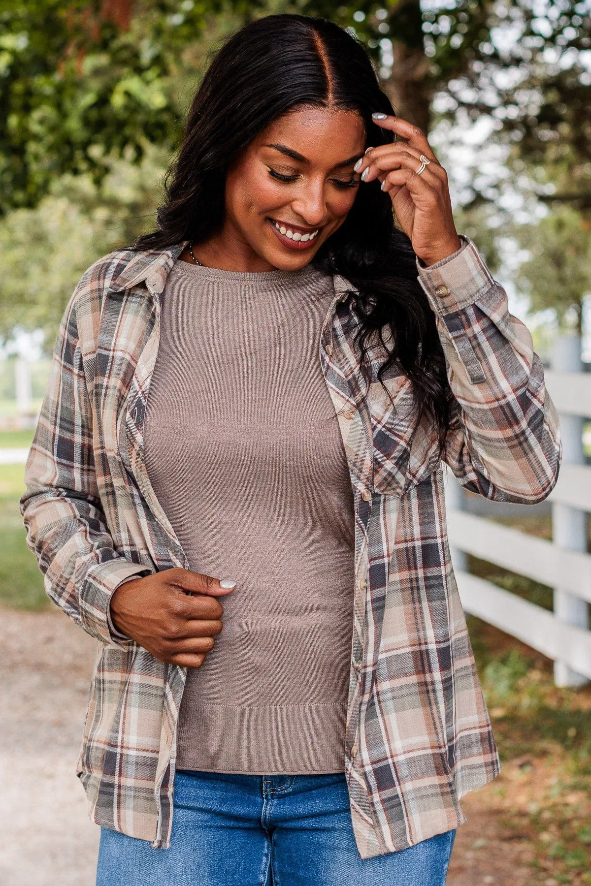 Exceeding Expectations Plaid Button Top- Taupe & Sage