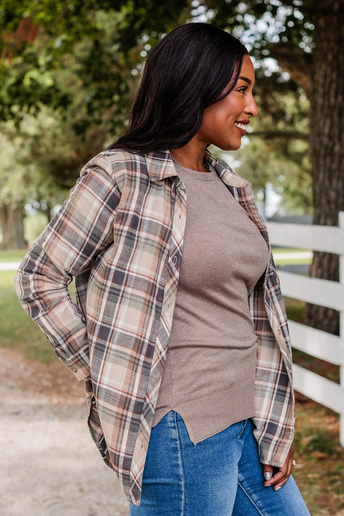 Exceeding Expectations Plaid Button Top- Taupe & Sage