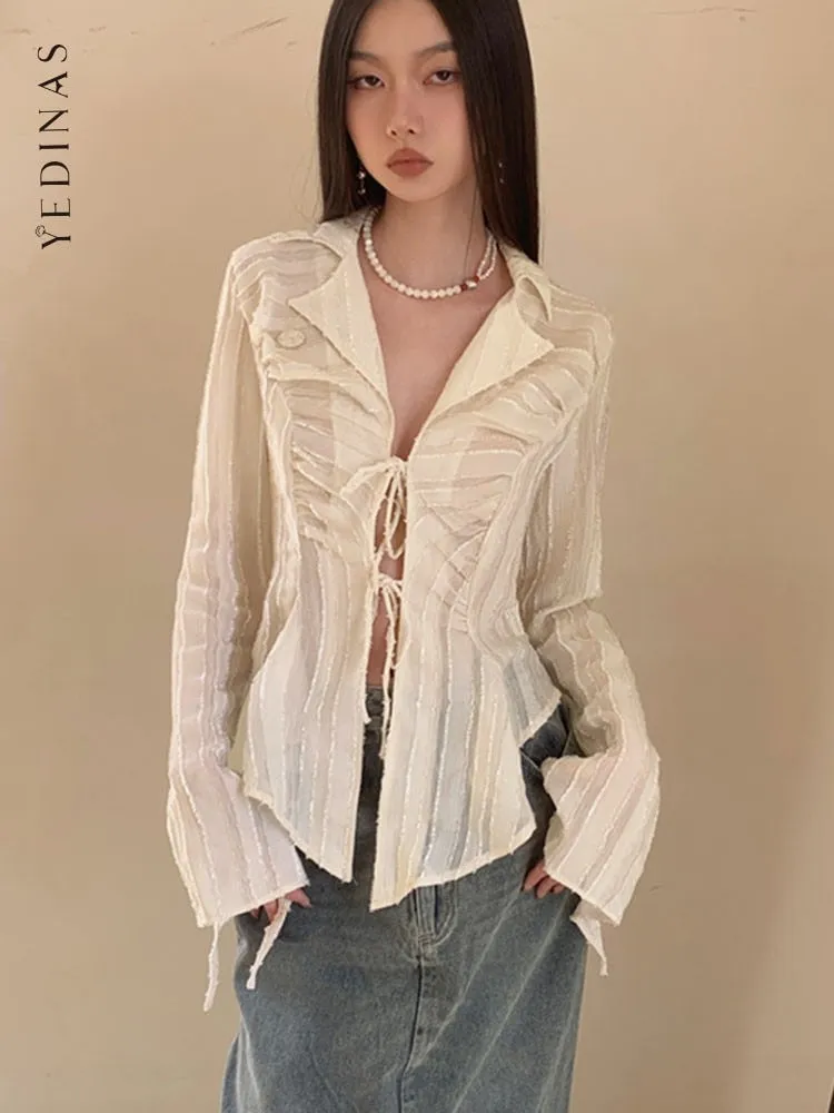 Fairycore Lace Up Blouse Long Sleeve Shirt Turn-down Collar Women's Shirt