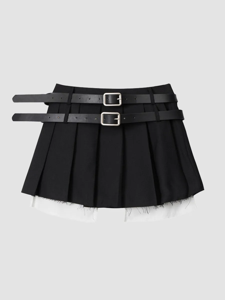 Fake Two Piece Belt Pleated Skirt
