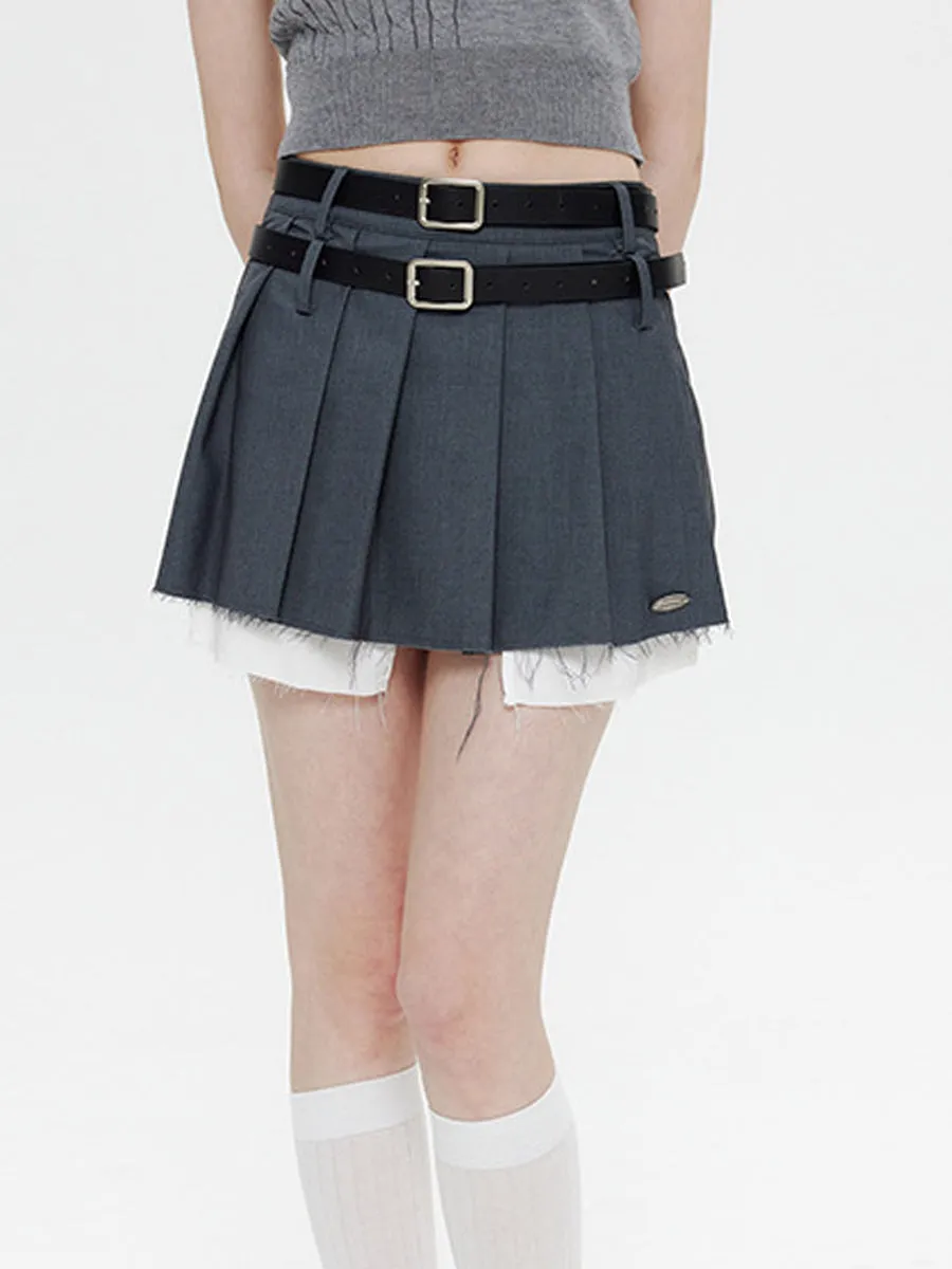 Fake Two Piece Belt Pleated Skirt