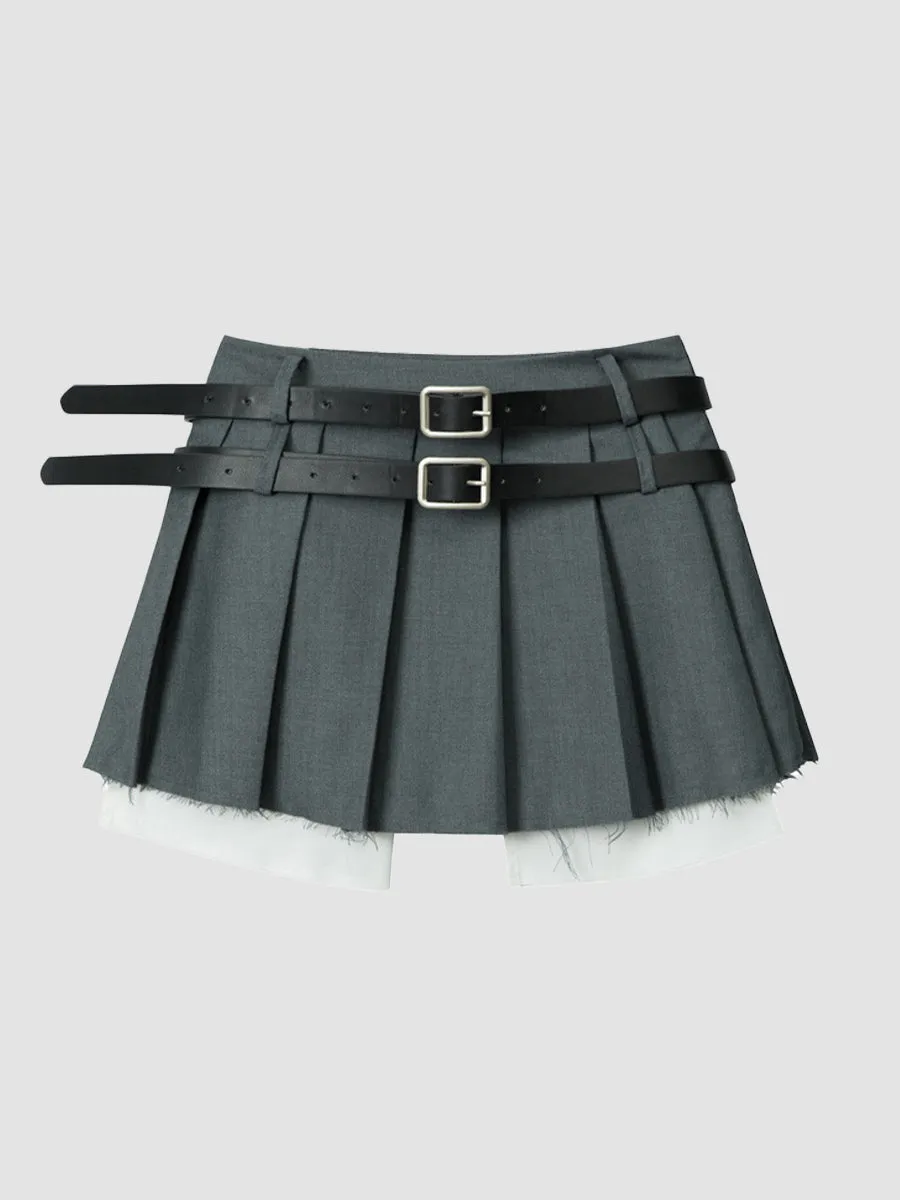 Fake Two Piece Belt Pleated Skirt