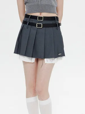 Fake Two Piece Belt Pleated Skirt