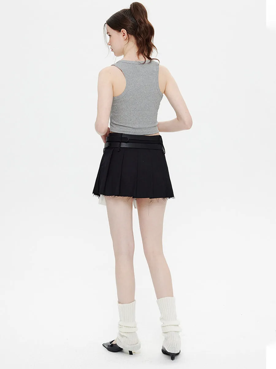 Fake Two Piece Belt Pleated Skirt