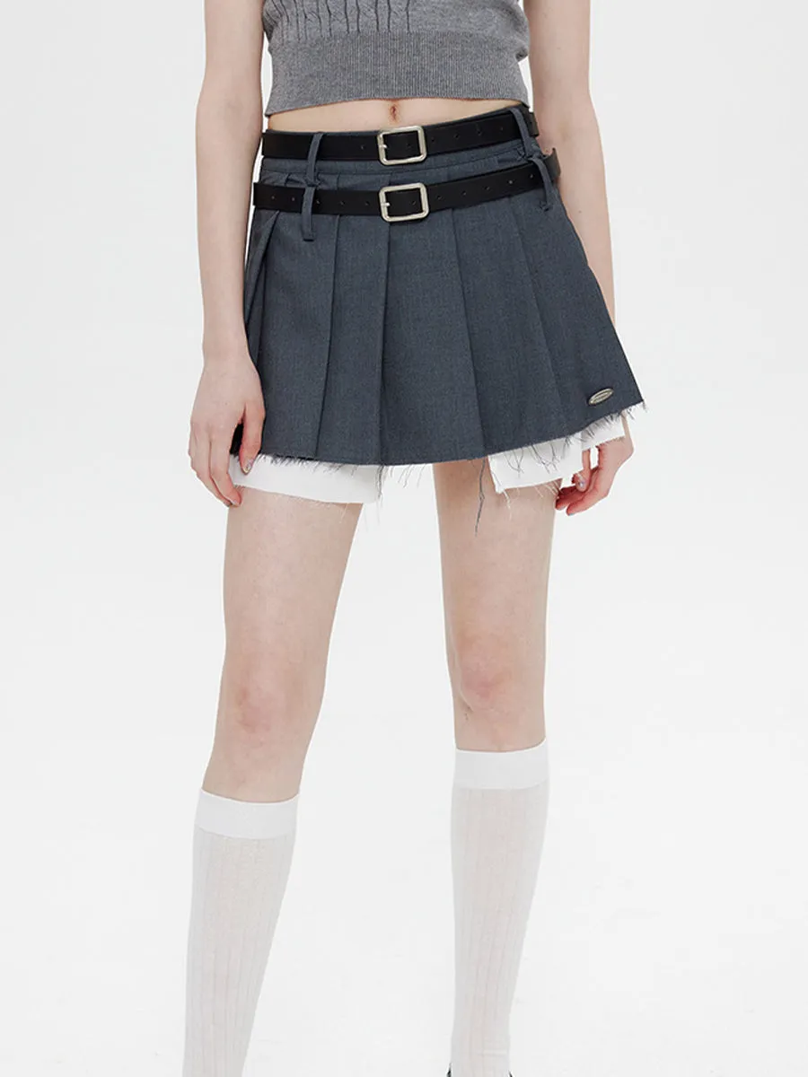 Fake Two Piece Belt Pleated Skirt