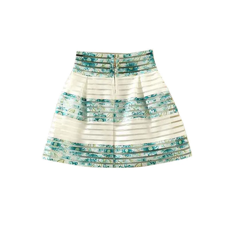 Fashion Women Flower Printed High Waisted Tutu Pleated Skirts Zipper Midi Elastic Skirt