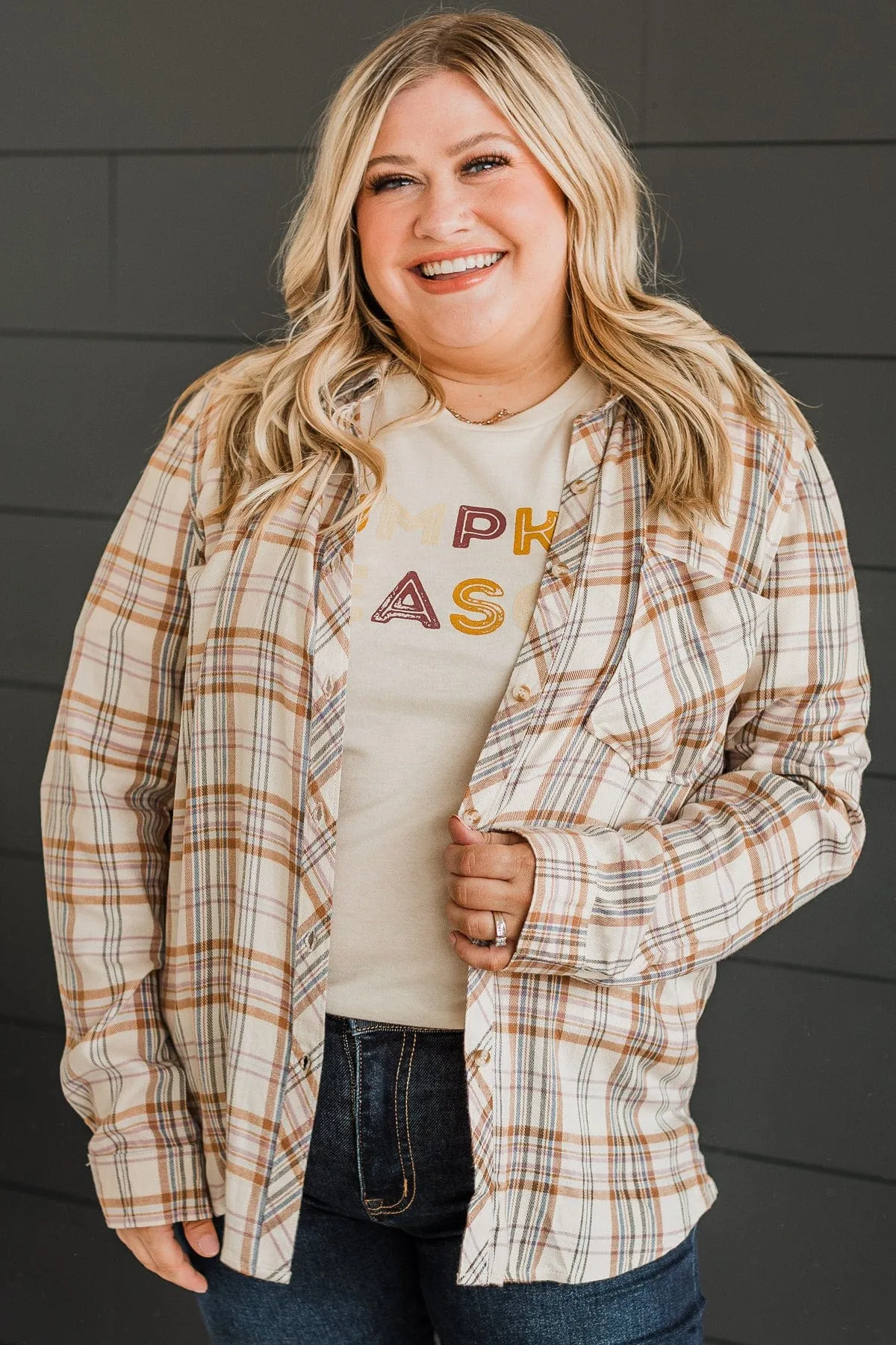 Favorite View Plaid Button Top- Cream