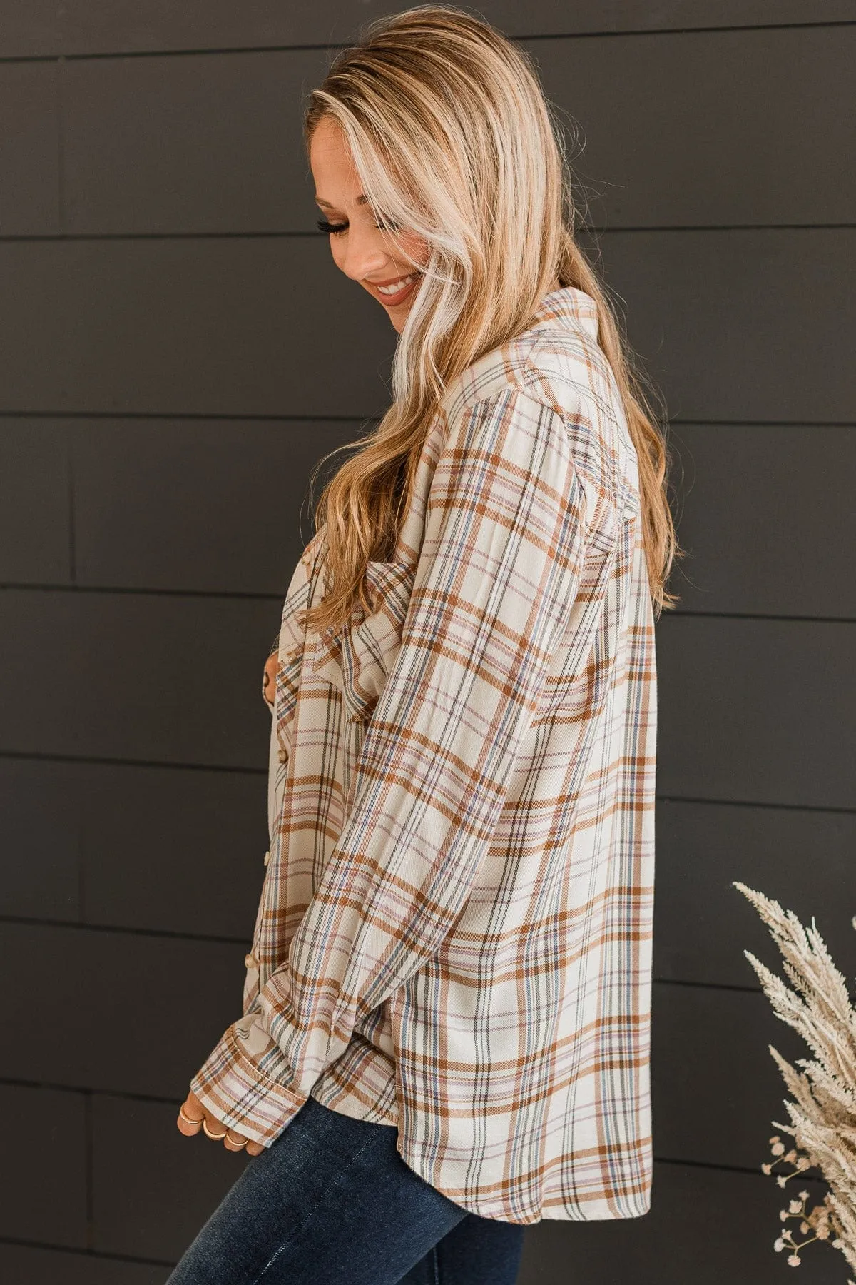 Favorite View Plaid Button Top- Cream