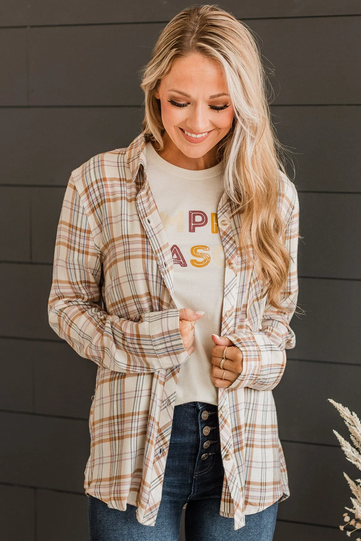 Favorite View Plaid Button Top- Cream