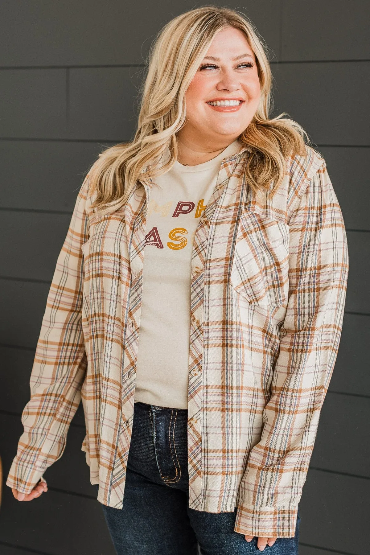 Favorite View Plaid Button Top- Cream