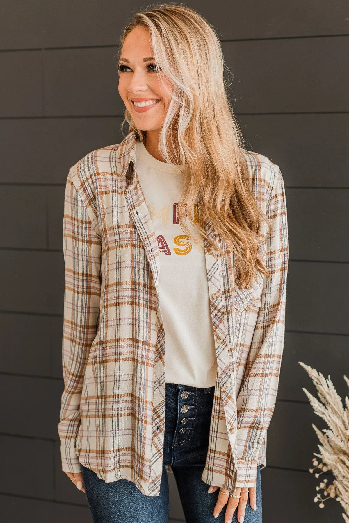 Favorite View Plaid Button Top- Cream