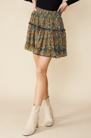Floral Print Ruffle Mini Skirt with Lining - Navy/Mustard -