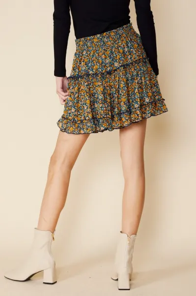 Floral Print Ruffle Mini Skirt with Lining - Navy/Mustard -