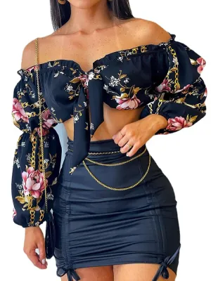 Flowers Print Slash Neck Long Sleeves Crop Top Skirts 2 Pcs Set Sexy Slim Summer Fashion Outfit Streetwear Dress Sets