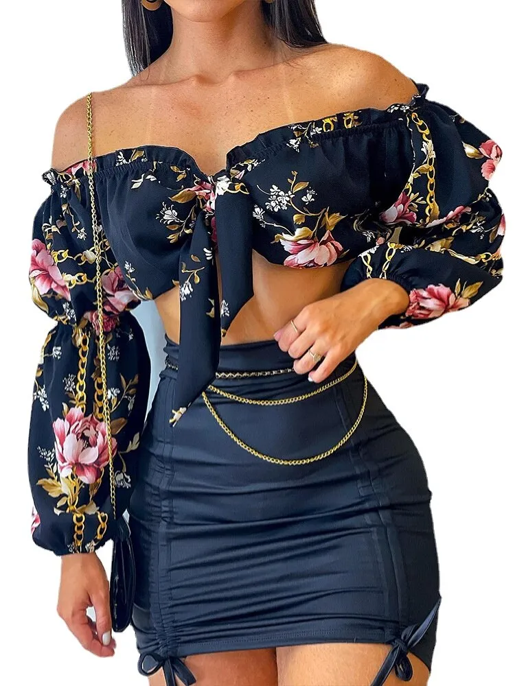 Flowers Print Slash Neck Long Sleeves Crop Top Skirts 2 Pcs Set Sexy Slim Summer Fashion Outfit Streetwear Dress Sets