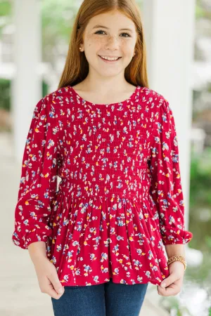 Girls: Getting Close Burgundy Red Ditsy Floral Blouse