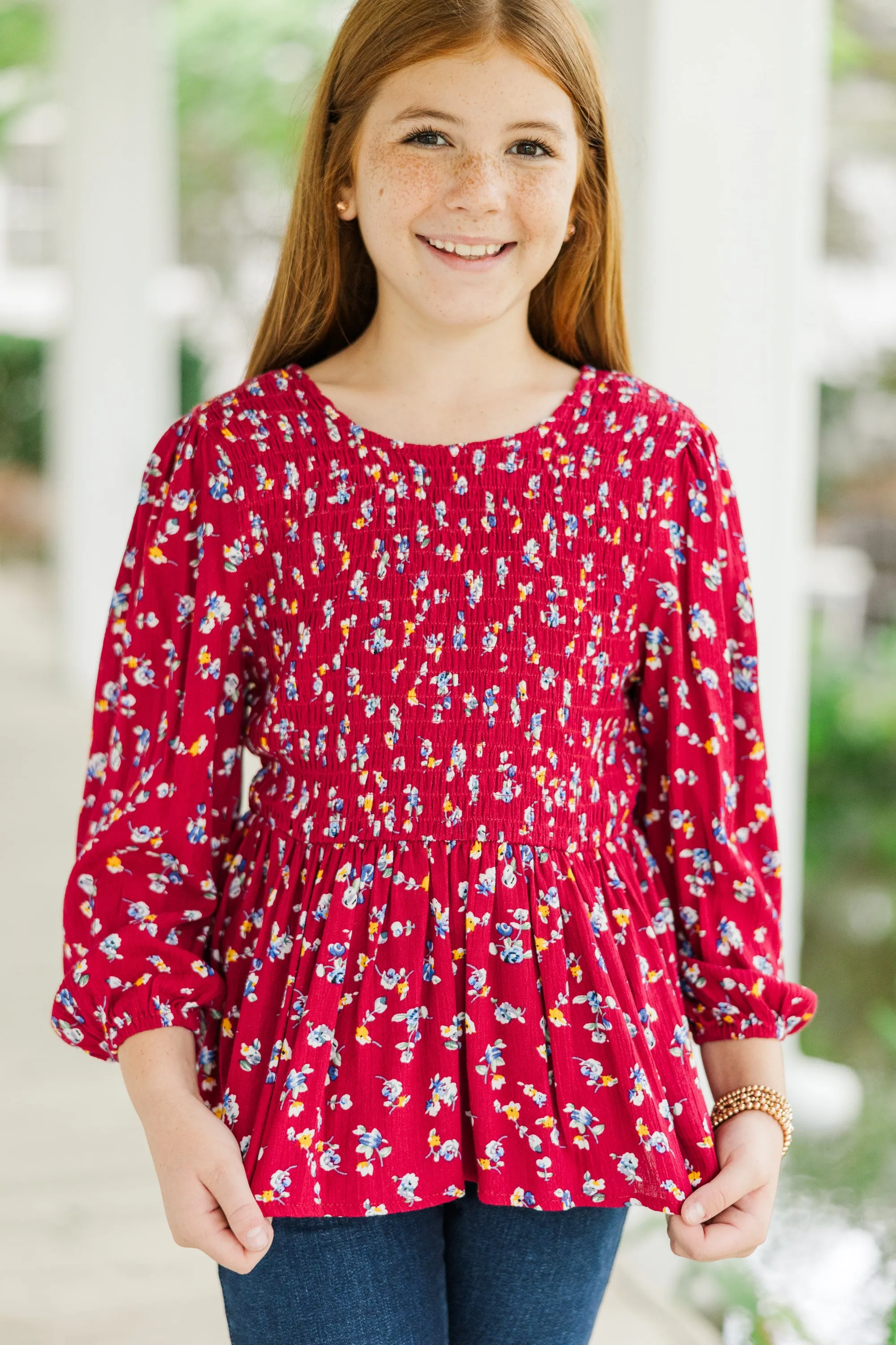 Girls: Getting Close Burgundy Red Ditsy Floral Blouse