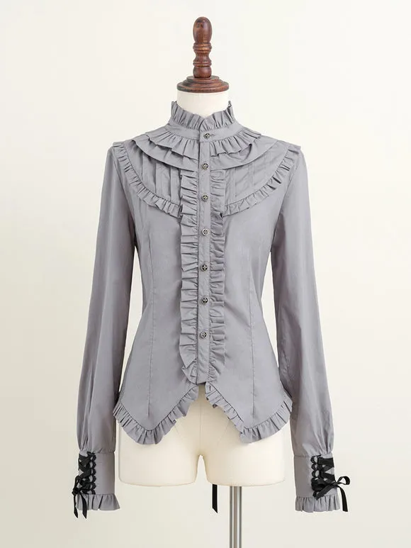 Gothic Lolita Blouses Ruffles Bows Lolita Top Long Sleeves Gray Lolita Shirt