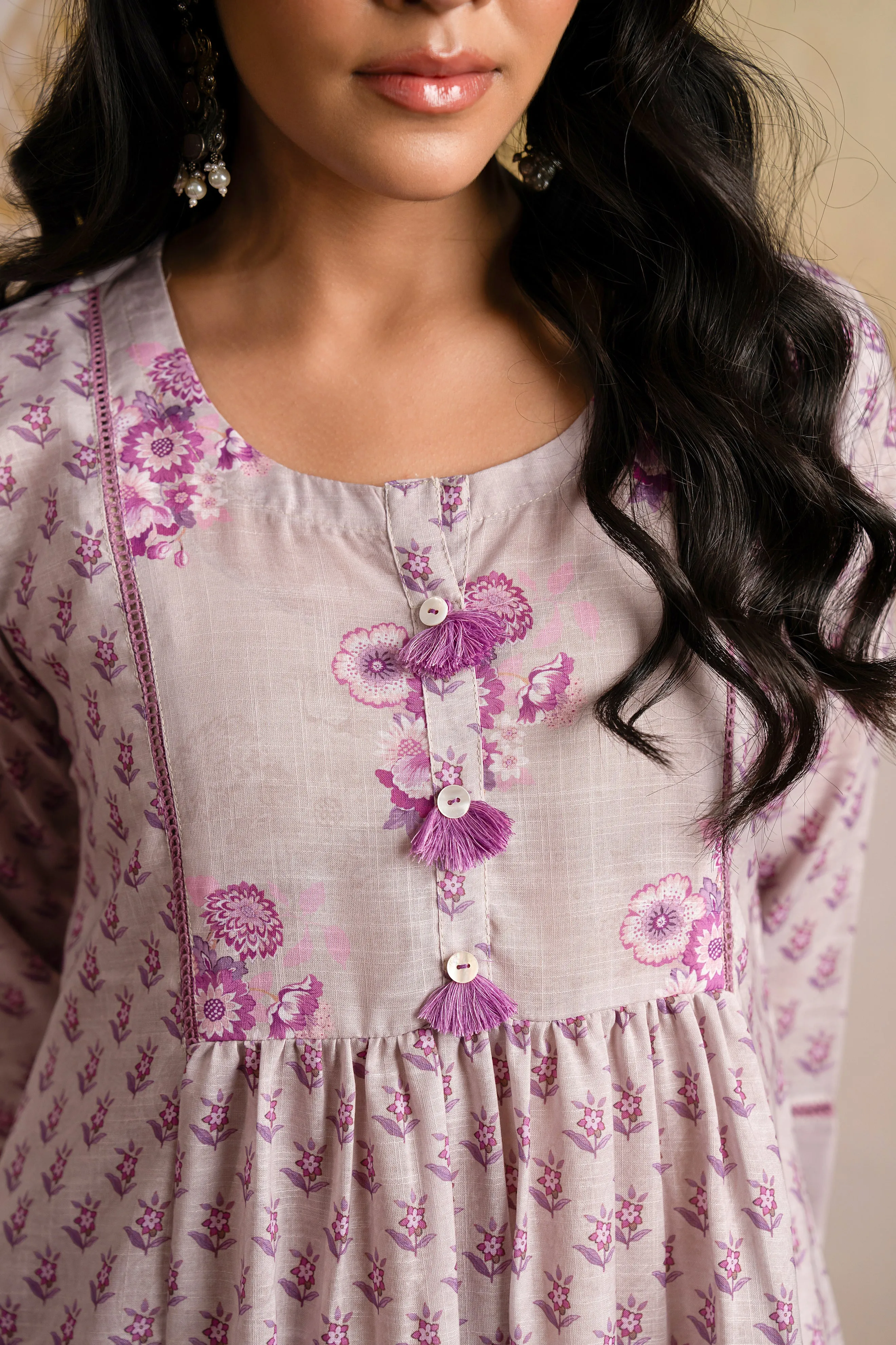 Grey and Purple Block Print Kurta Pant Set