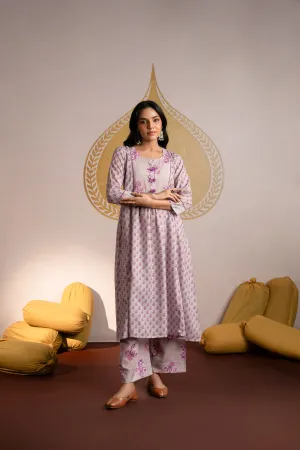 Grey and Purple Block Print Kurta Pant Set