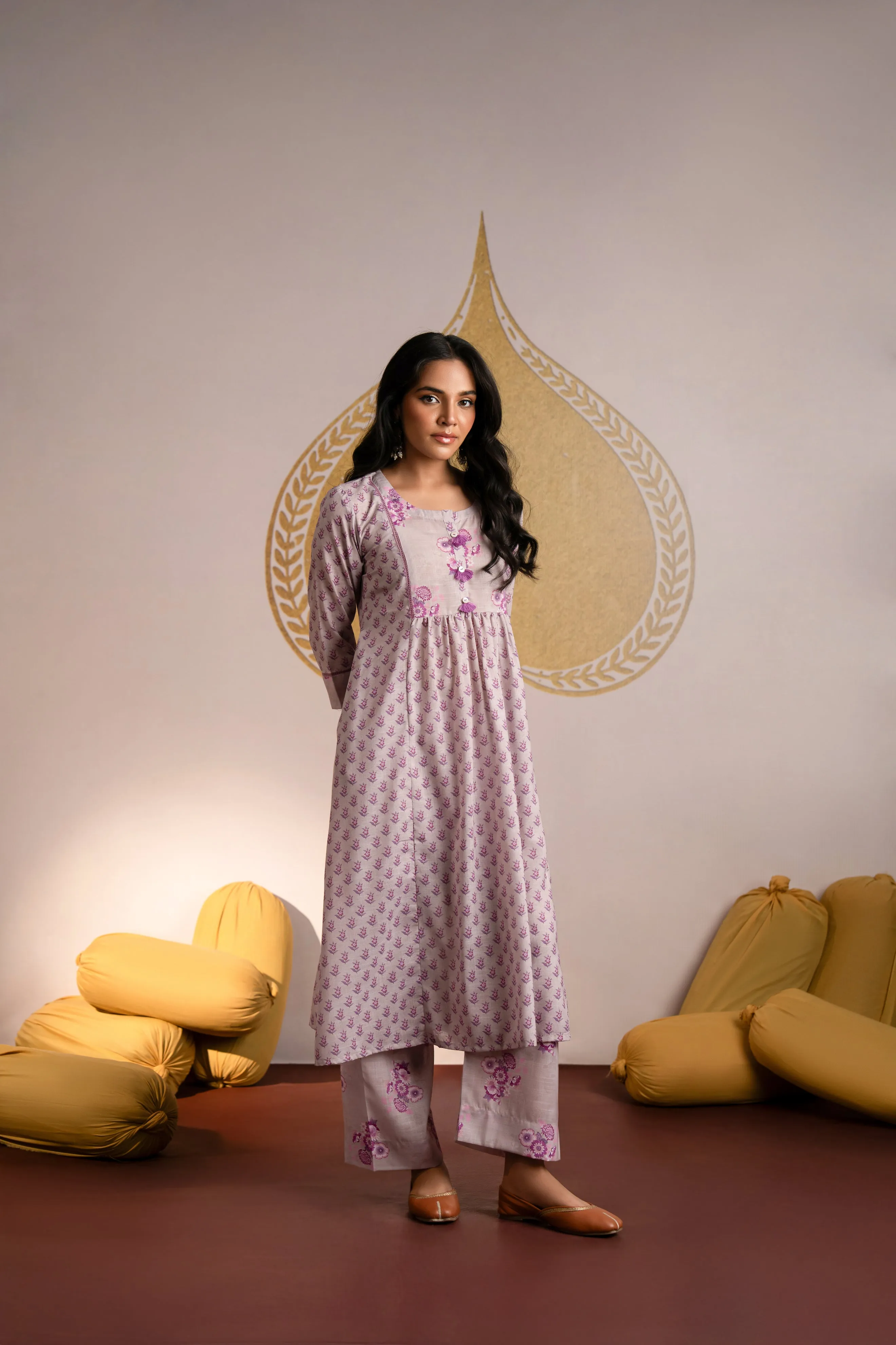 Grey and Purple Block Print Kurta Pant Set