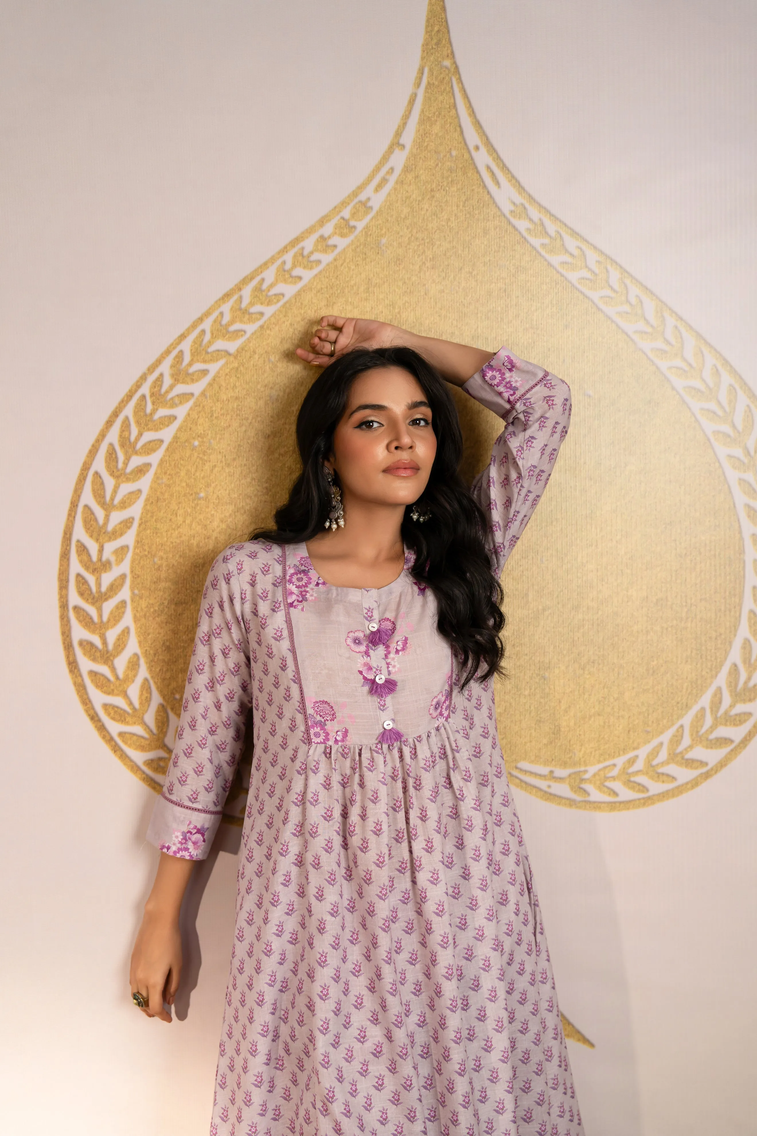 Grey and Purple Block Print Kurta Pant Set