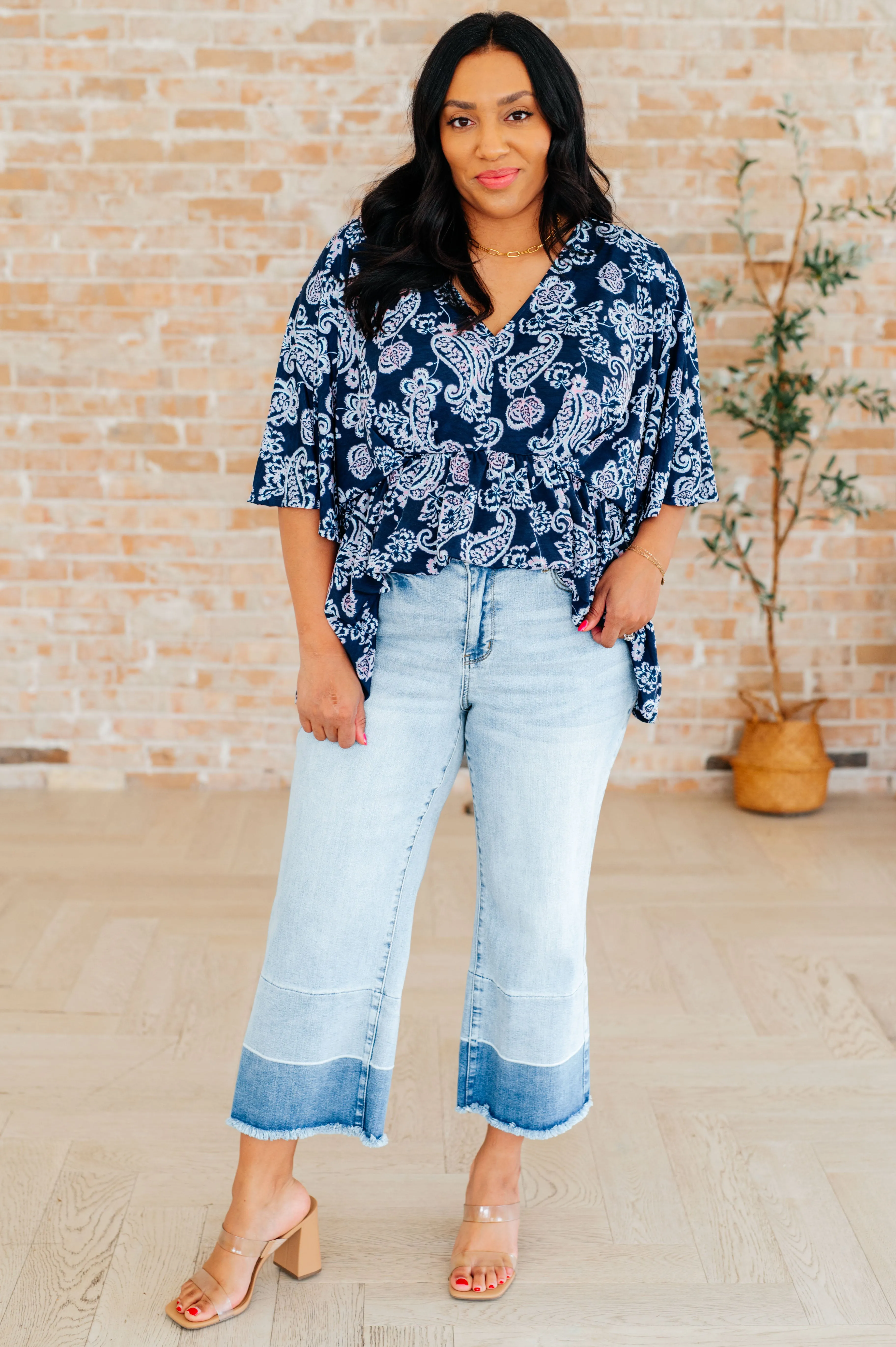 Hazel Blues® |  Dreamer Peplum Top in Navy and Pink Paisley