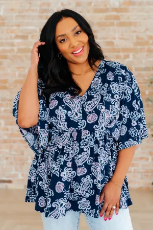 Hazel Blues® |  Dreamer Peplum Top in Navy and Pink Paisley