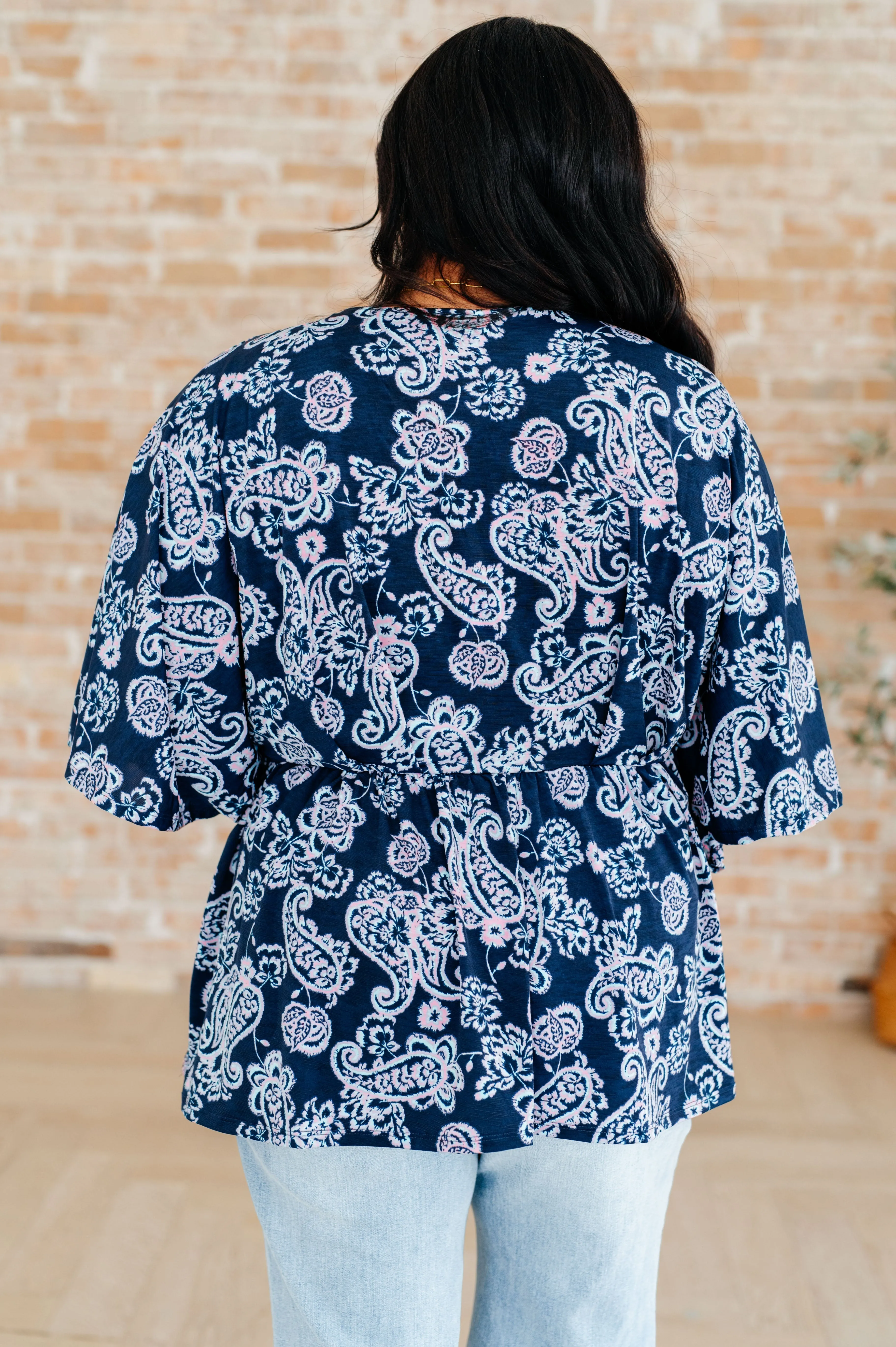 Hazel Blues® |  Dreamer Peplum Top in Navy and Pink Paisley