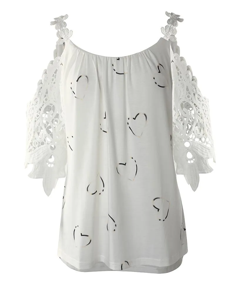 Heart Print Contrast Lace Cold Shoulder Top