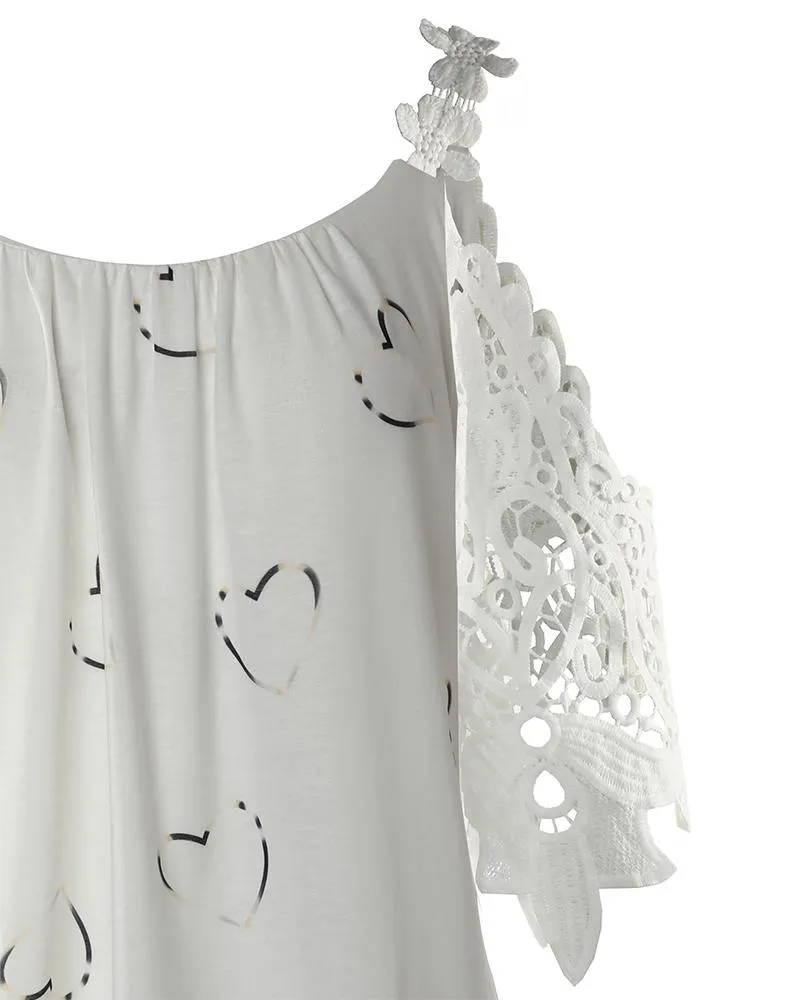 Heart Print Contrast Lace Cold Shoulder Top