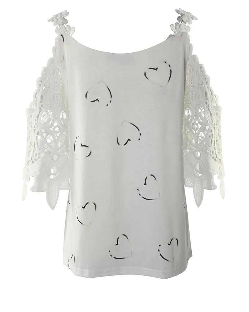 Heart Print Contrast Lace Cold Shoulder Top