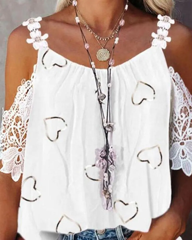 Heart Print Contrast Lace Cold Shoulder Top