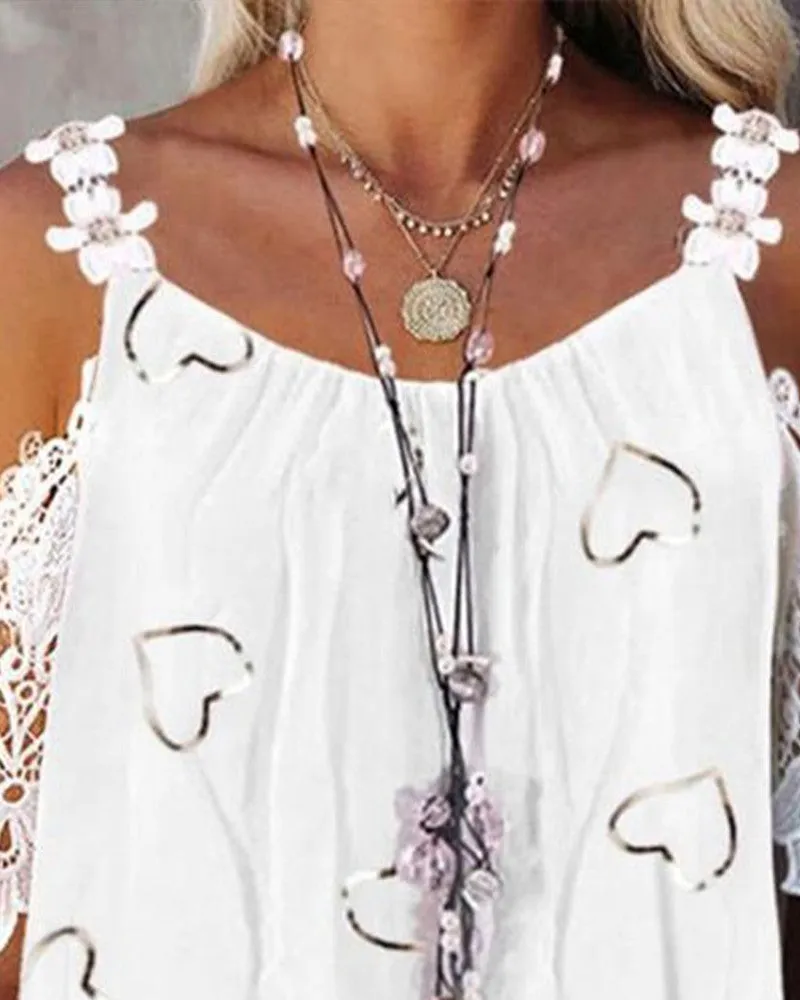 Heart Print Contrast Lace Cold Shoulder Top